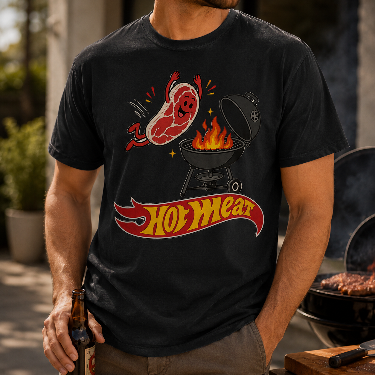 Lifestyle mockup for Hot Meat BBQ Graphic Tee on black shirt