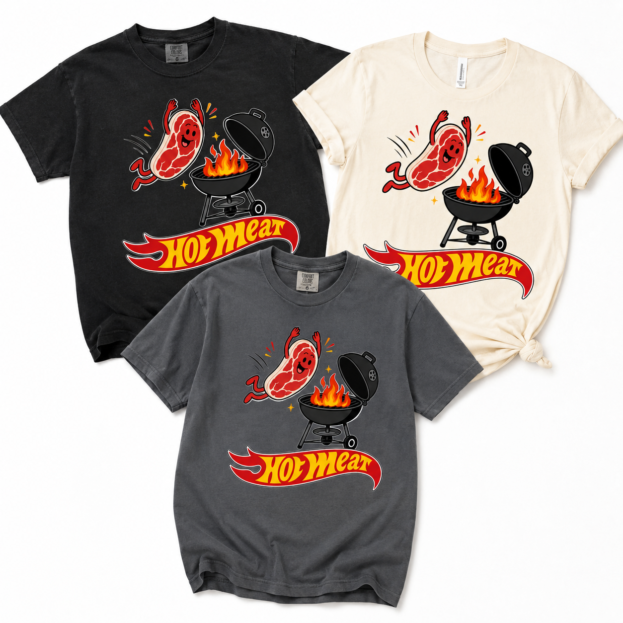 Hot Meat BBQ Graphic Tee shown on multiple garments