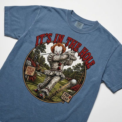 its in the hole cc tee blue jean flat lay