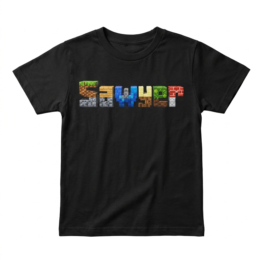 Sawyer Minecraft Name Block Tee — Black Youth Tee