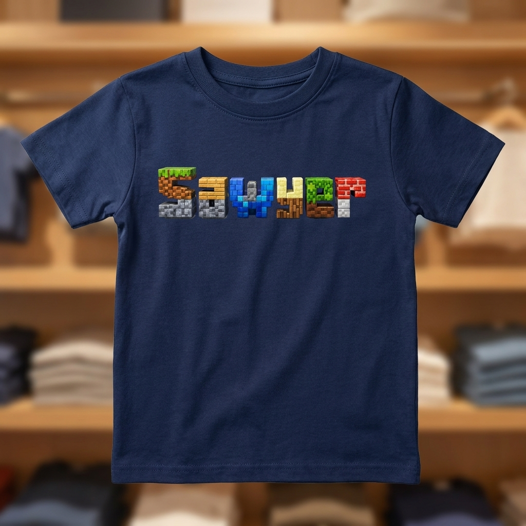 Sawyer Minecraft Name Block Tee — Navy Youth Tee