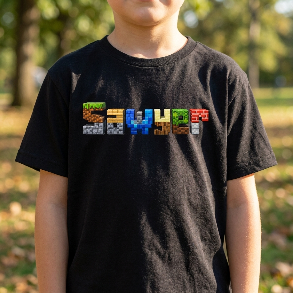 Sawyer Minecraft Name Block Tee — Lifestyle