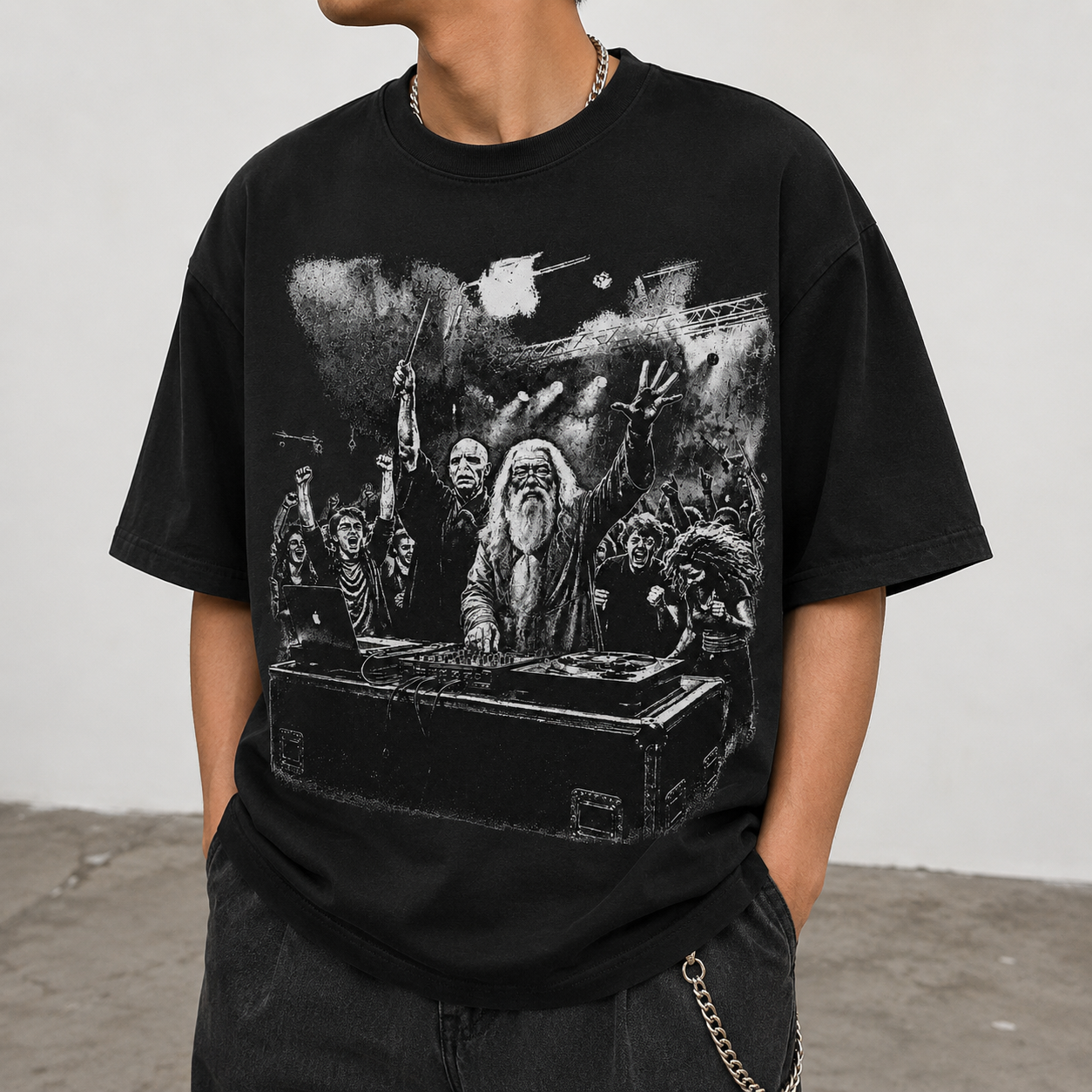 Lifestyle mockup for Wizard and Flow Graphic Tee on black shirt