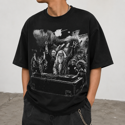 Lifestyle mockup for Wizard and Flow Graphic Tee on black shirt