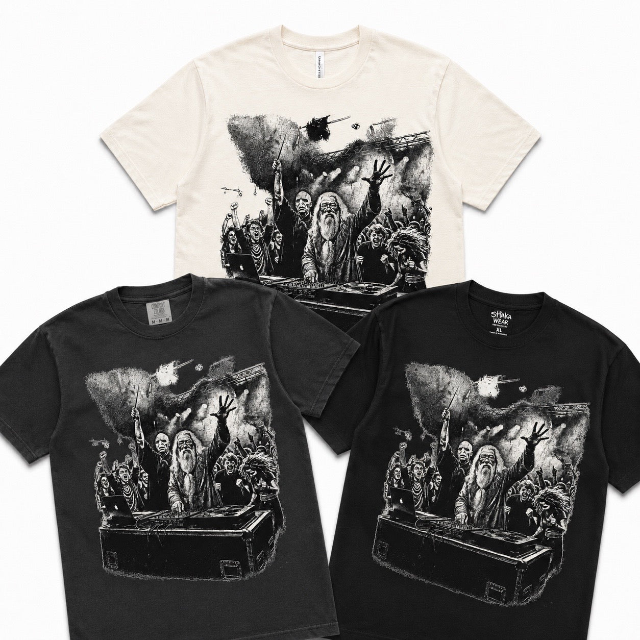Wizard and Flow Graphic Tee shown on multiple garments