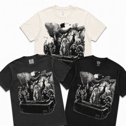 Wizard and Flow Graphic Tee shown on multiple garments